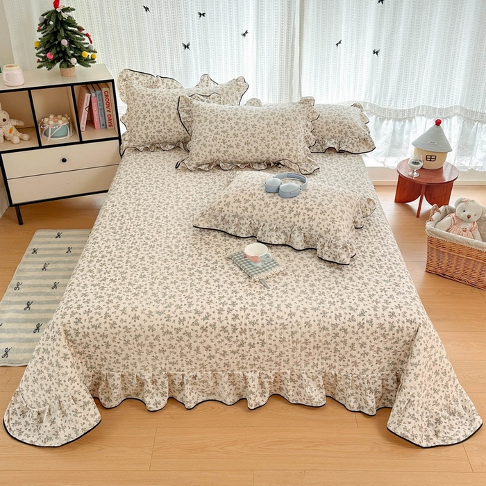 91家纺网 家纺一手货源 找家纺 牵依 2026春夏新款A类云感花边款双层纱床盖四件套 春日序曲