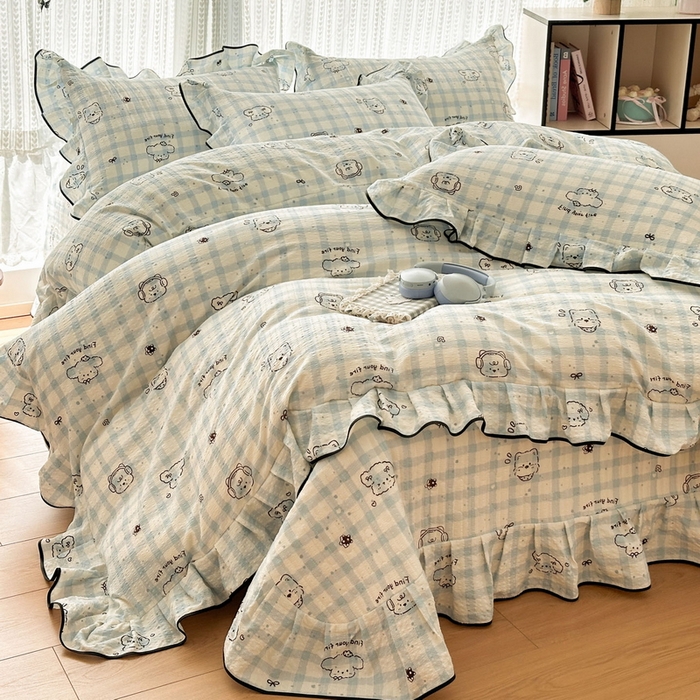 91家纺网 家纺一手货源 找家纺 牵依 2026春夏新款A类云感花边款双层纱床盖四件套 机智兰狗