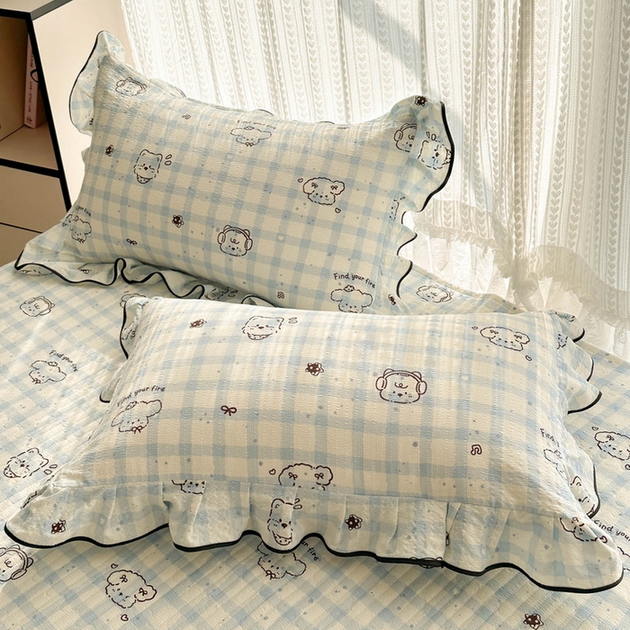 91家纺网 家纺一手货源 找家纺 牵依 2026春夏新款A类云感花边款双层纱床盖四件套 机智兰狗