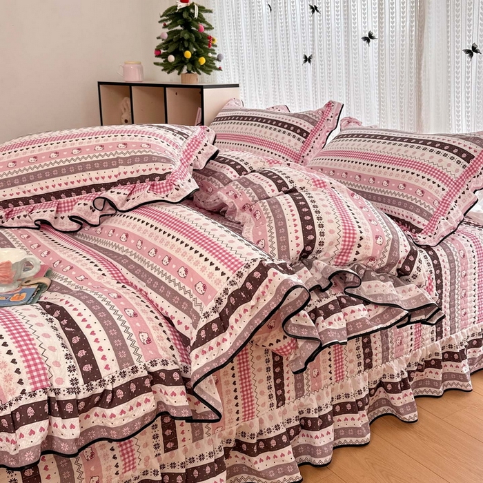 91家纺网 家纺一手货源 找家纺 牵依 2026春夏新款A类云感花边款双层纱床盖四件套 甜心