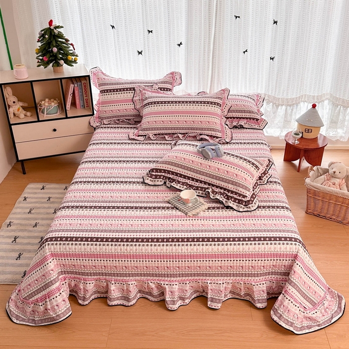 91家纺网 家纺一手货源 找家纺 牵依 2026春夏新款A类云感花边款双层纱床盖四件套 甜心