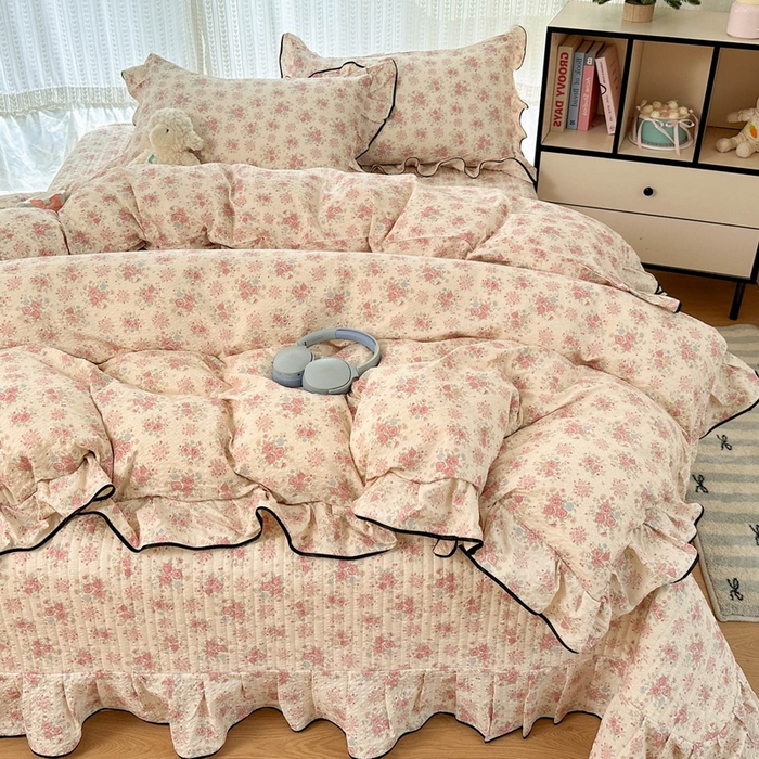 91家纺网 家纺一手货源 找家纺 牵依 2026春夏新款A类云感花边款双层纱床盖四件套 玫瑰花园