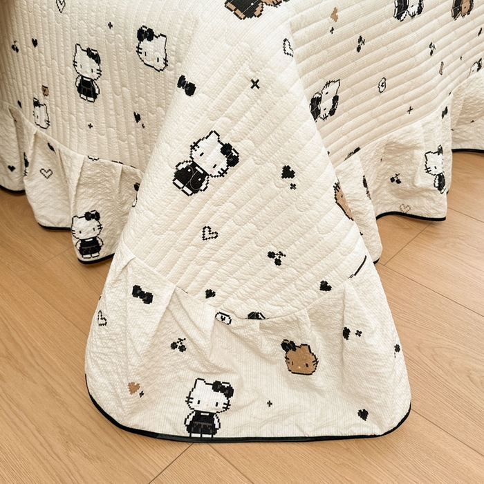 91家纺网 家纺一手货源 找家纺 牵依 2026春夏新款A类云感花边款双层纱床盖四件套 奥利奥小猫