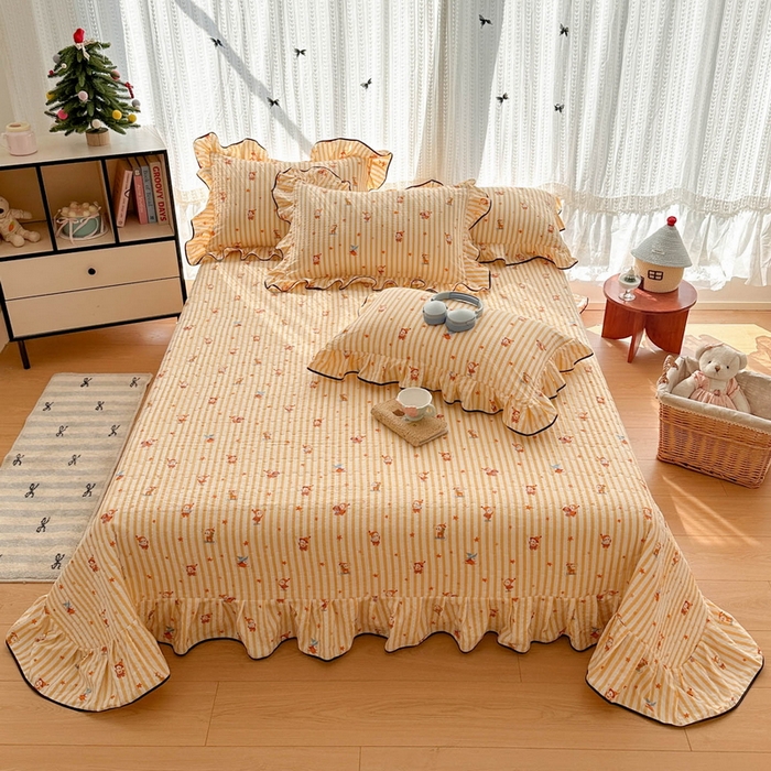 91家纺网 家纺一手货源 找家纺 牵依 2026春夏新款A类云感花边款双层纱床盖四件套 星仔派对