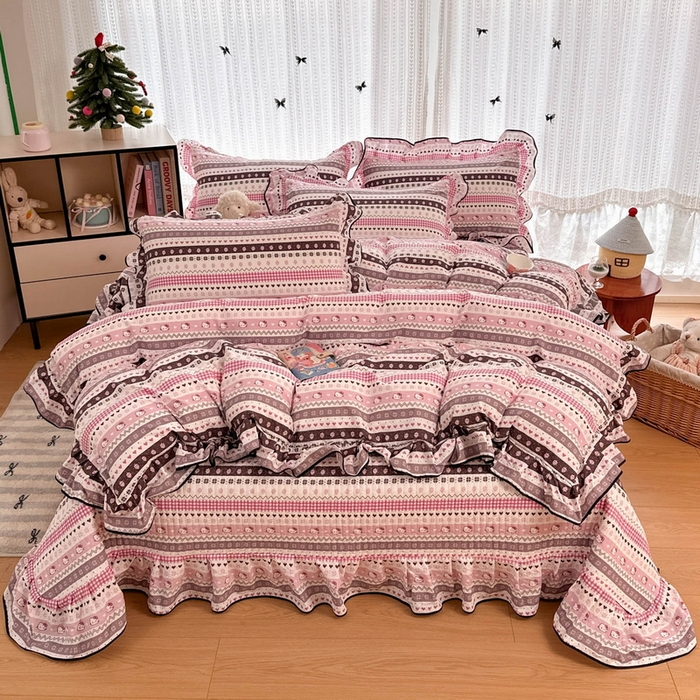 91家纺网 家纺一手货源 找家纺 牵依 2026春夏新款A类云感花边款双层纱床盖四件套 甜心