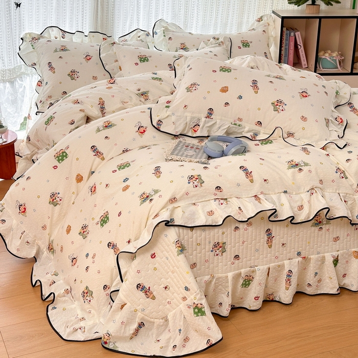 91家纺网 家纺一手货源 找家纺 牵依 2026春夏新款A类云感花边款双层纱床盖四件套 小新狂欢局