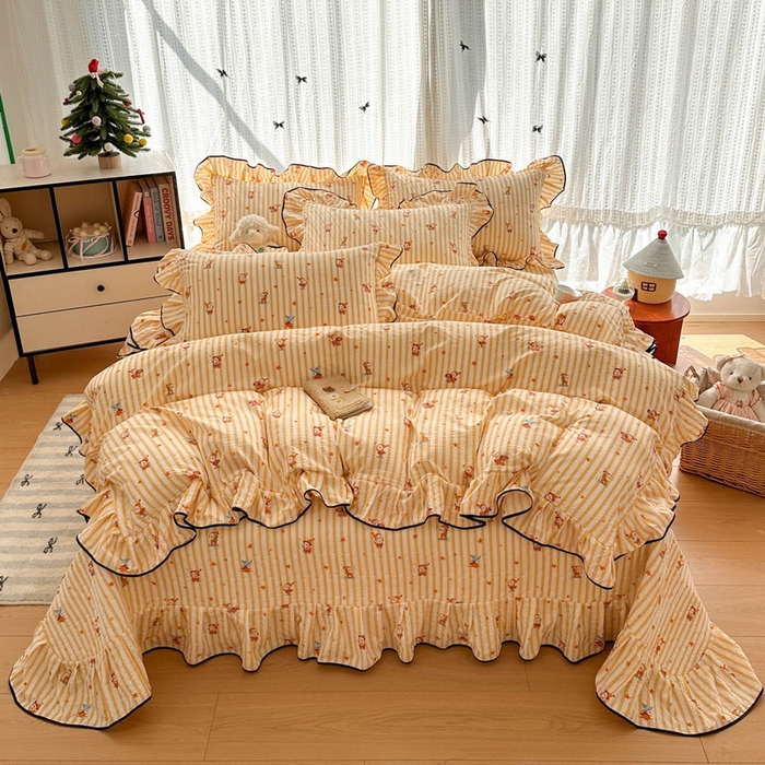 91家纺网 家纺一手货源 找家纺 牵依 2026春夏新款A类云感花边款双层纱床盖四件套 星仔派对