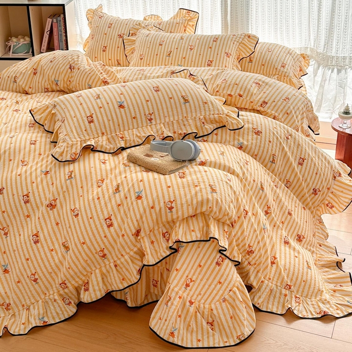 91家纺网 家纺一手货源 找家纺 牵依 2026春夏新款A类云感花边款双层纱床盖四件套 星仔派对