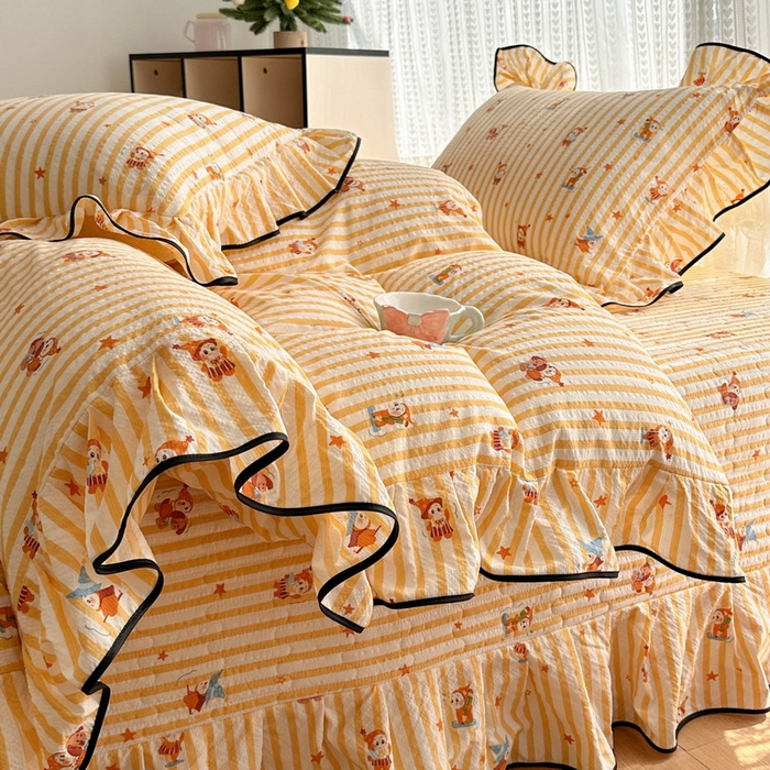 91家纺网 家纺一手货源 找家纺 牵依 2026春夏新款A类云感花边款双层纱床盖四件套 星仔派对