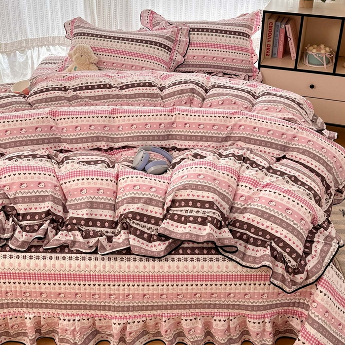 91家纺网 家纺一手货源 找家纺 牵依 2026春夏新款A类云感花边款双层纱床盖四件套 甜心