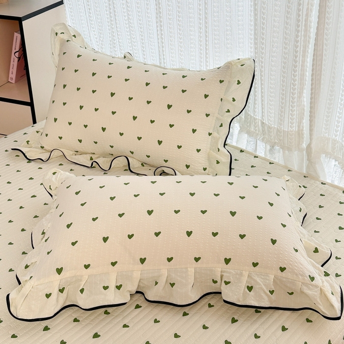 91家纺网 家纺一手货源 找家纺 牵依 2026春夏新款A类云感花边款双层纱床盖四件套 绿爱心