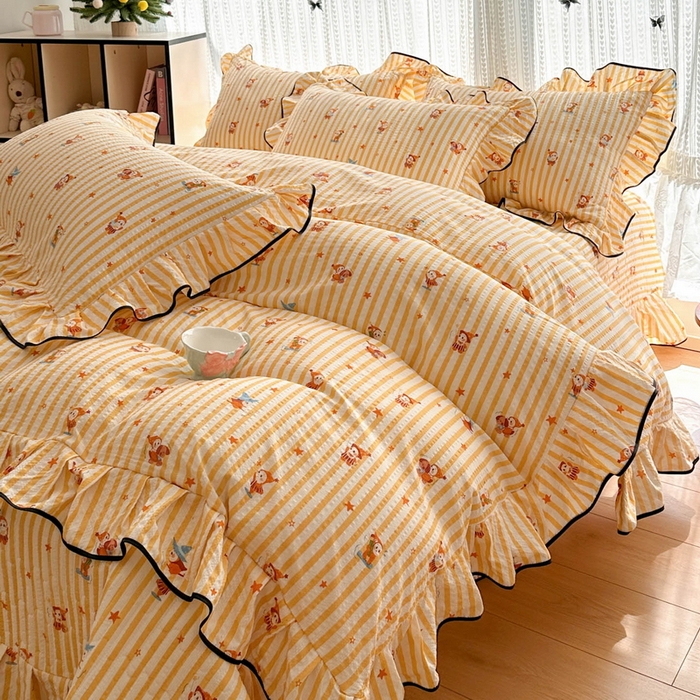 91家纺网 家纺一手货源 找家纺 牵依 2026春夏新款A类云感花边款双层纱床盖四件套 星仔派对