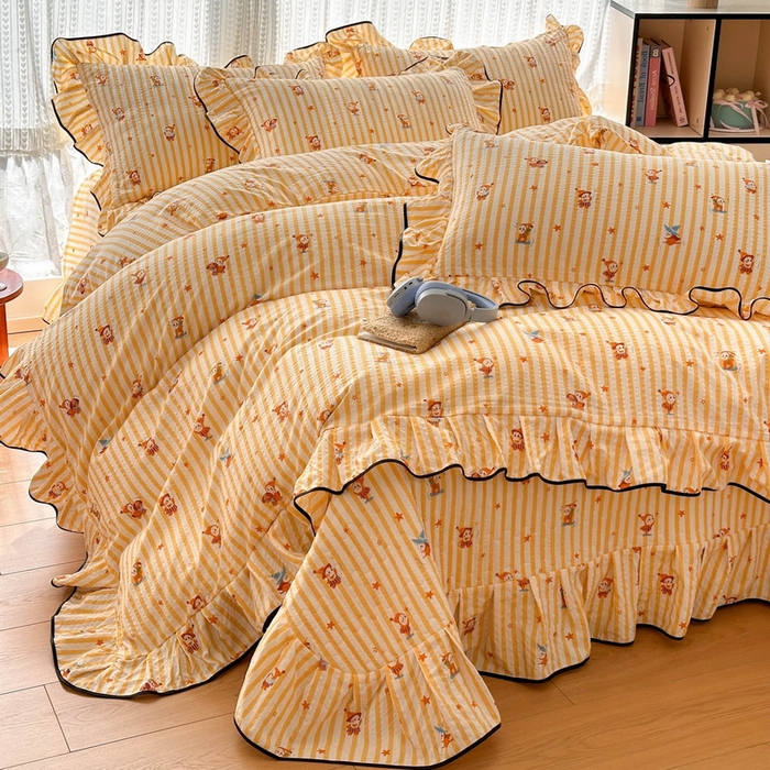 91家纺网 家纺一手货源 找家纺 牵依 2026春夏新款A类云感花边款双层纱床盖四件套 星仔派对