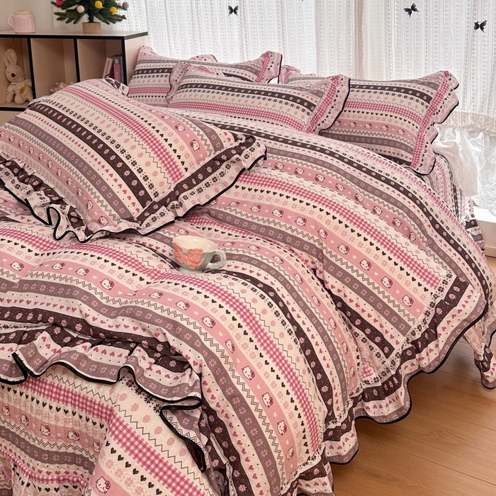 91家纺网 家纺一手货源 找家纺 牵依 2026春夏新款A类云感花边款双层纱床盖四件套 甜心