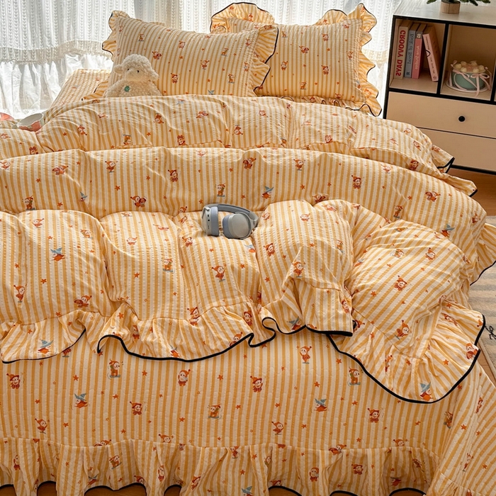 91家纺网 家纺一手货源 找家纺 牵依 2026春夏新款A类云感花边款双层纱床盖四件套 星仔派对