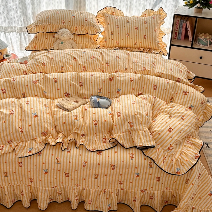 91家纺网 家纺一手货源 找家纺 牵依 2026春夏新款A类云感花边款双层纱床盖四件套 星仔派对