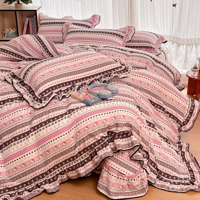 91家纺网 家纺一手货源 找家纺 牵依 2026春夏新款A类云感花边款双层纱床盖四件套 甜心