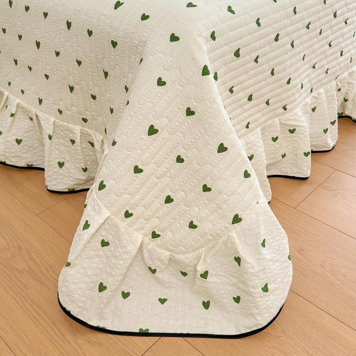 91家纺网 家纺一手货源 找家纺 牵依 2026春夏新款A类云感花边款双层纱床盖四件套 绿爱心