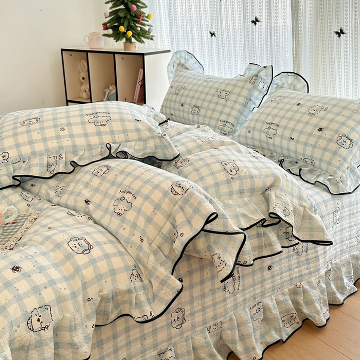 91家纺网 家纺一手货源 找家纺 牵依 2026春夏新款A类云感花边款双层纱床盖四件套 机智兰狗