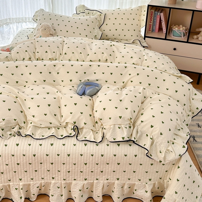 91家纺网 家纺一手货源 找家纺 牵依 2026春夏新款A类云感花边款双层纱床盖四件套 绿爱心