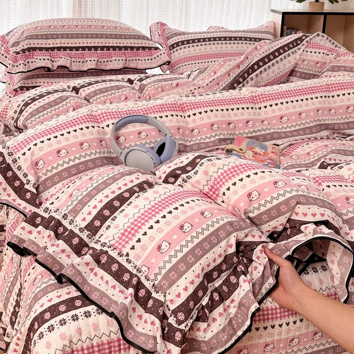 91家纺网 家纺一手货源 找家纺 牵依 2026春夏新款A类云感花边款双层纱床盖四件套 甜心