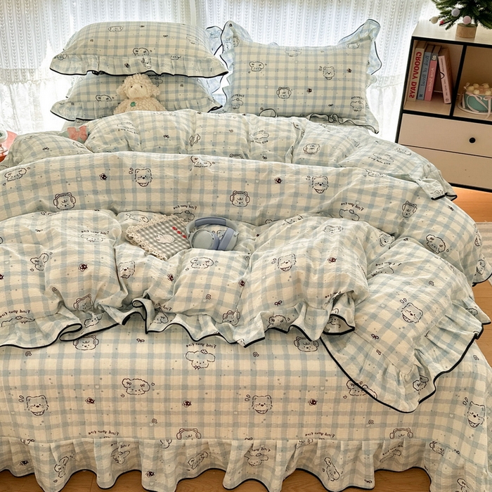 91家纺网 家纺一手货源 找家纺 牵依 2026春夏新款A类云感花边款双层纱床盖四件套 机智兰狗