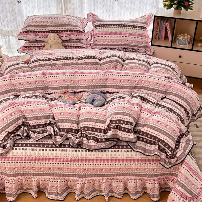 91家纺网 家纺一手货源 找家纺 牵依 2026春夏新款A类云感花边款双层纱床盖四件套 甜心