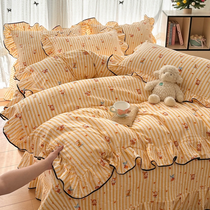 牵依 2026春夏新款A类云感花边款双层纱床盖四件套 星仔派对