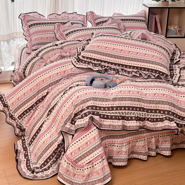 91家纺网 家纺一手货源 找家纺 牵依 2026春夏新款A类云感花边款双层纱床盖四件套 甜心