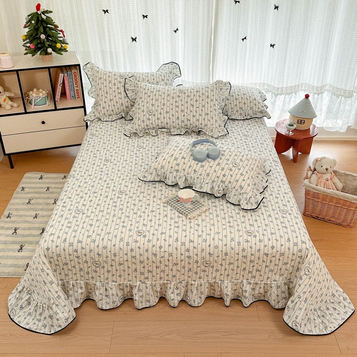 91家纺网 家纺一手货源 找家纺 牵依 2026春夏新款A类云感花边款双层纱床盖四件套 浅兰花织