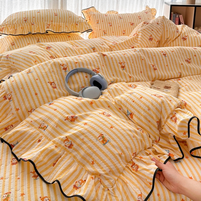 91家纺网 家纺一手货源 找家纺 牵依 2026春夏新款A类云感花边款双层纱床盖四件套 星仔派对