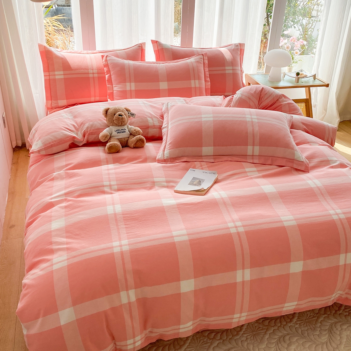 91家纺网 家纺一手货源 找家纺 钰锦珀家纺 2025新款简约全棉色织水洗棉四件套 多伦多粉