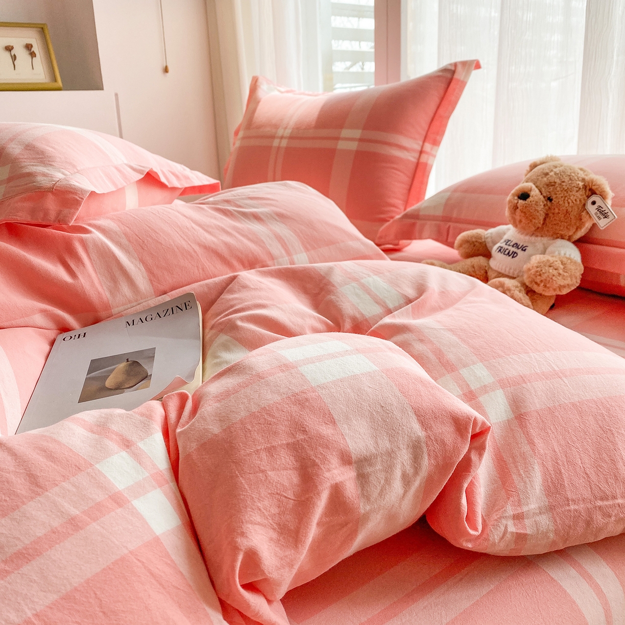 91家纺网 家纺一手货源 找家纺 钰锦珀家纺 2025新款简约全棉色织水洗棉四件套 多伦多粉