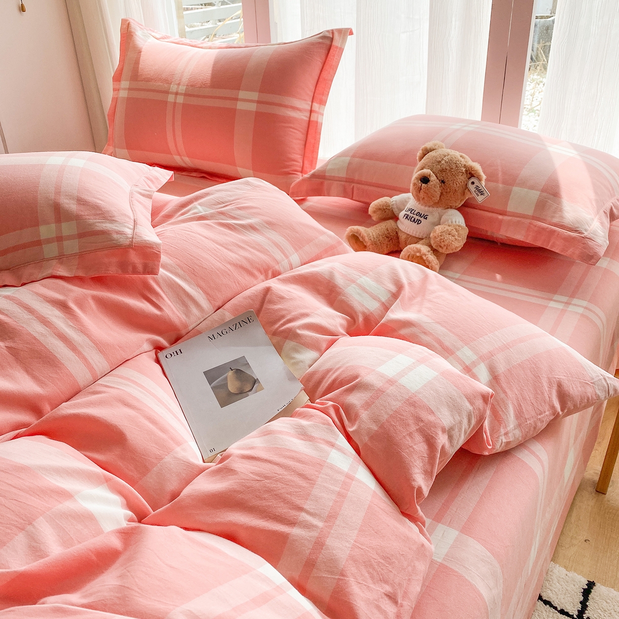 91家纺网 家纺一手货源 找家纺 钰锦珀家纺 2025新款简约全棉色织水洗棉四件套 多伦多粉