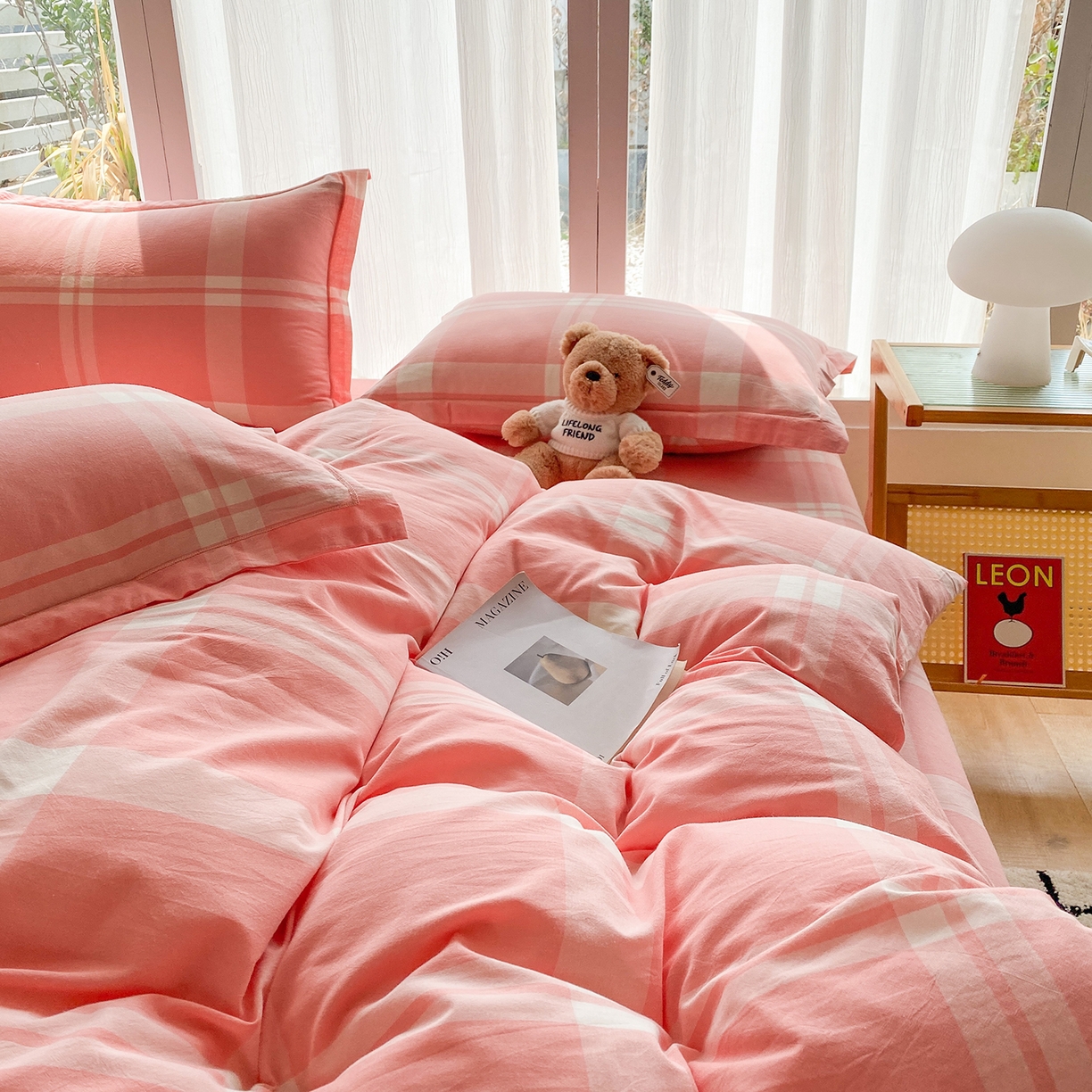 91家纺网 家纺一手货源 找家纺 钰锦珀家纺 2025新款简约全棉色织水洗棉四件套 多伦多粉