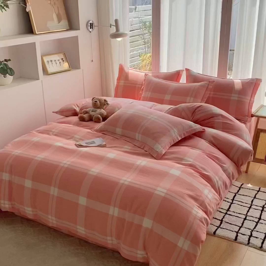 91家纺网 家纺一手货源 找家纺 钰锦珀家纺 2025新款简约全棉色织水洗棉四件套 多伦多粉