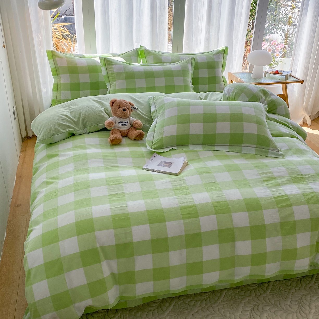 91家纺网 家纺一手货源 找家纺 钰锦珀家纺 2025新款简约全棉色织水洗棉四件套 多伦多绿