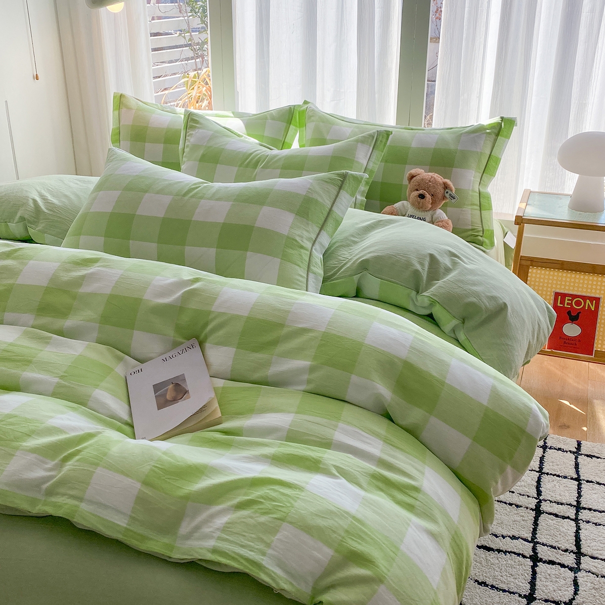 91家纺网 家纺一手货源 找家纺 钰锦珀家纺 2025新款简约全棉色织水洗棉四件套 多伦多绿