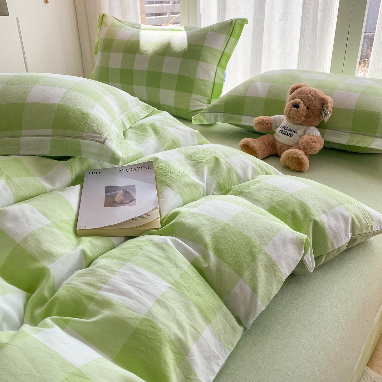 91家纺网 家纺一手货源 找家纺 钰锦珀家纺 2025新款简约全棉色织水洗棉四件套 多伦多绿