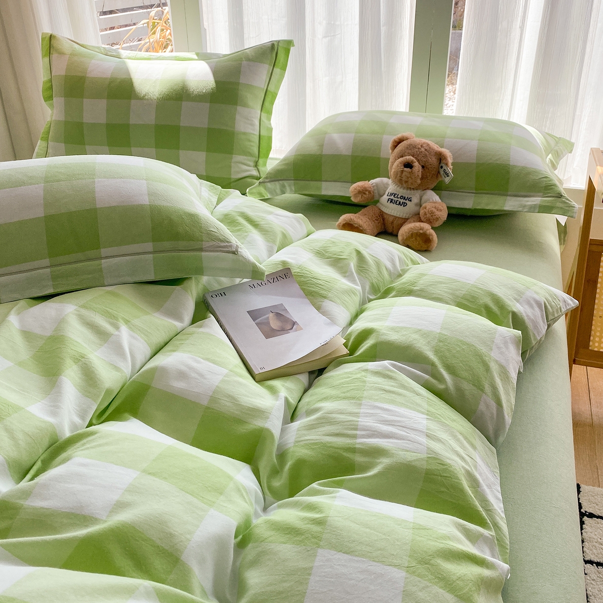 91家纺网 家纺一手货源 找家纺 钰锦珀家纺 2025新款简约全棉色织水洗棉四件套 多伦多绿