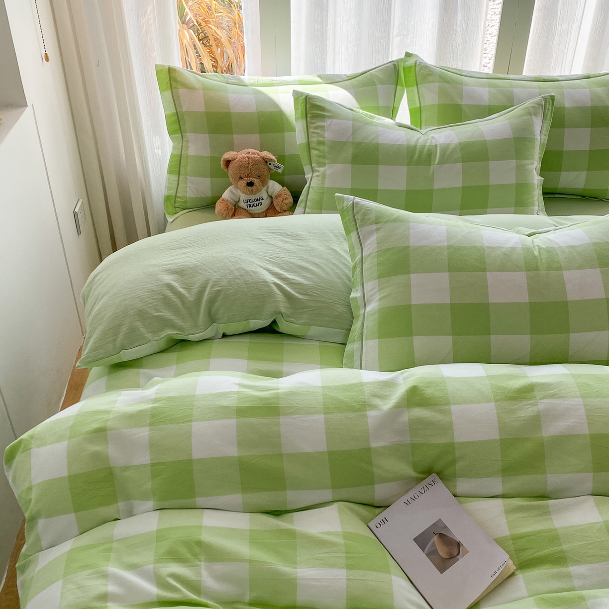 91家纺网 家纺一手货源 找家纺 钰锦珀家纺 2025新款简约全棉色织水洗棉四件套 多伦多绿