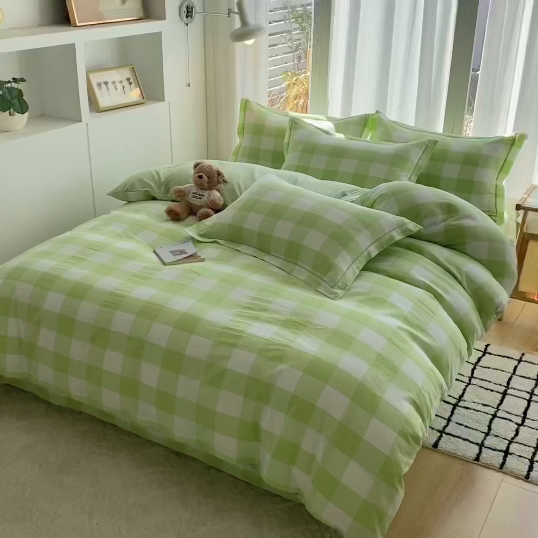 91家纺网 家纺一手货源 找家纺 钰锦珀家纺 2025新款简约全棉色织水洗棉四件套 多伦多绿