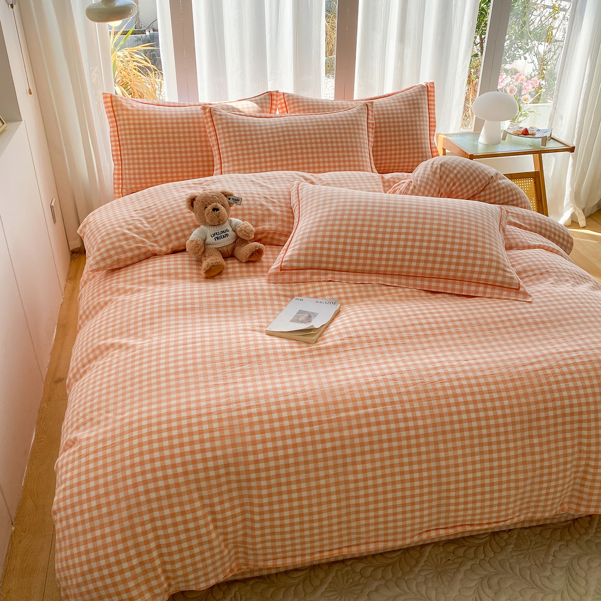 91家纺网 家纺一手货源 找家纺 钰锦珀家纺 2025新款简约全棉色织水洗棉四件套 桔粉小格