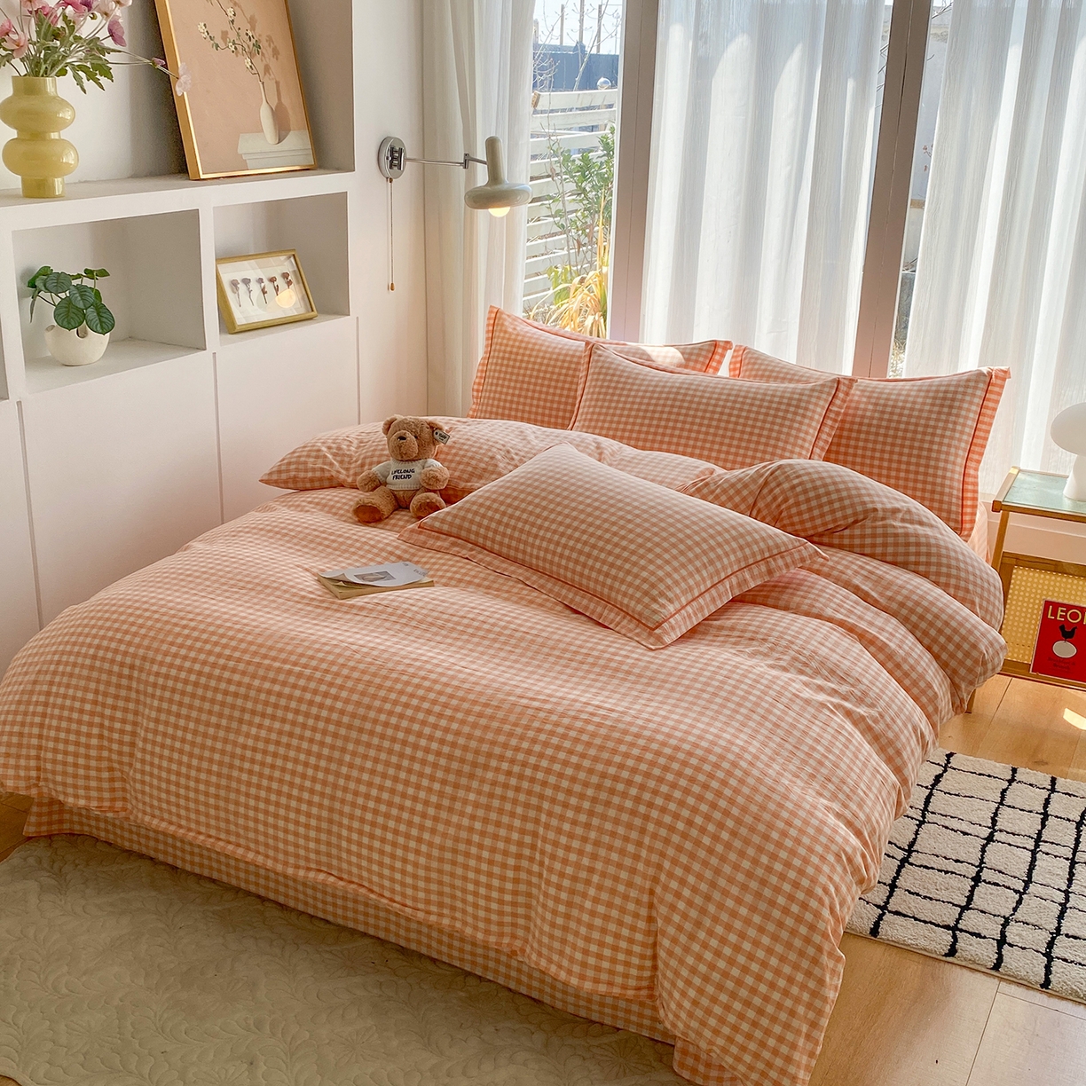 91家纺网 家纺一手货源 找家纺 钰锦珀家纺 2025新款简约全棉色织水洗棉四件套 桔粉小格