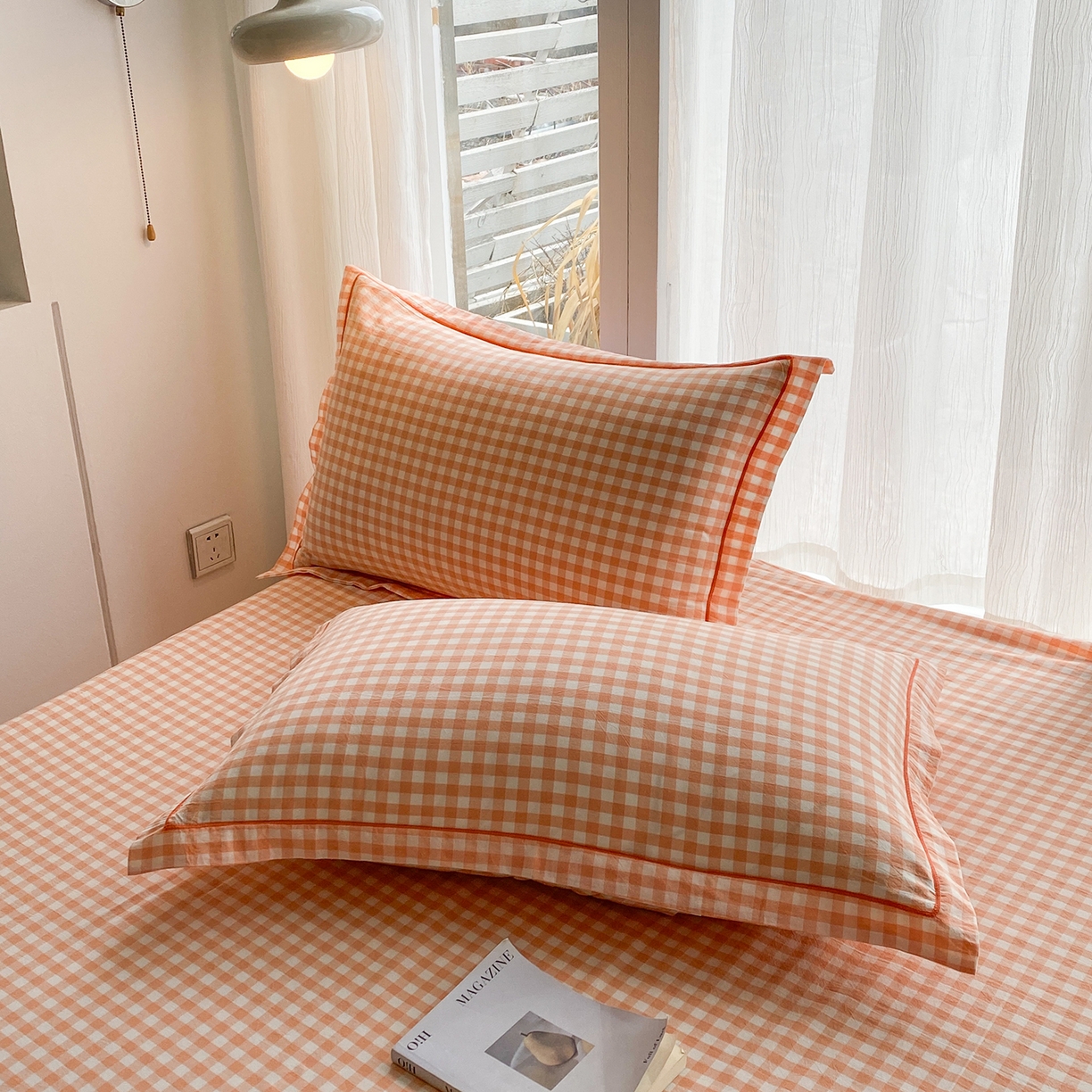 91家纺网 家纺一手货源 找家纺 钰锦珀家纺 2025新款简约全棉色织水洗棉四件套 桔粉小格