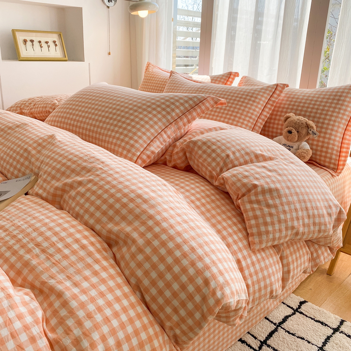 钰锦珀家纺 2025新款简约全棉色织水洗棉四件套 桔粉小格