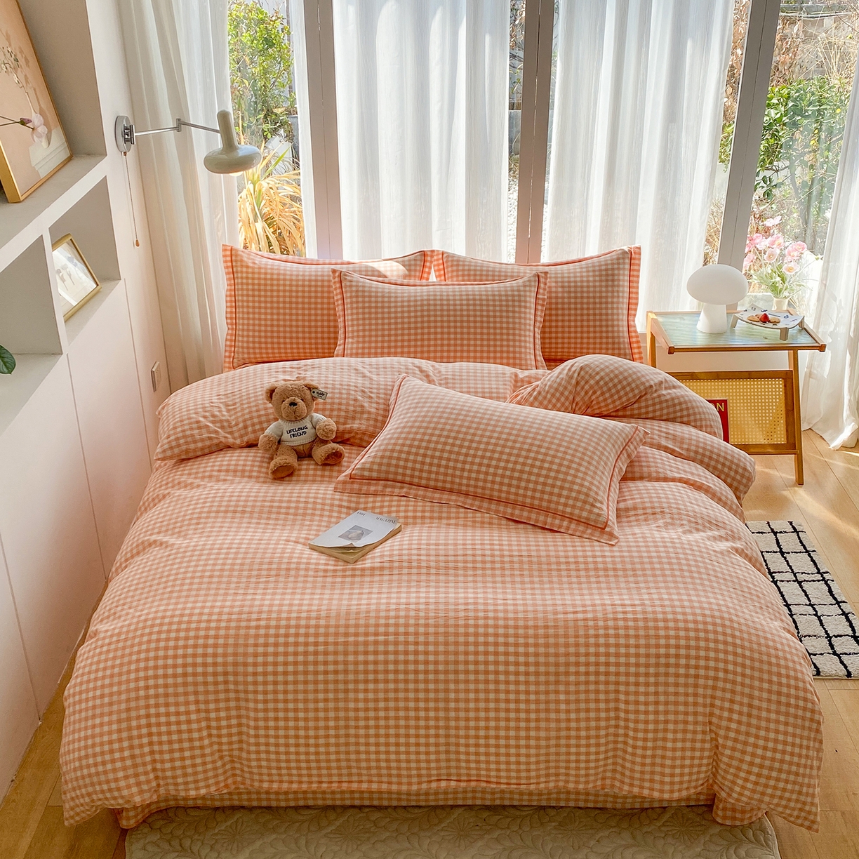 91家纺网 家纺一手货源 找家纺 钰锦珀家纺 2025新款简约全棉色织水洗棉四件套 桔粉小格