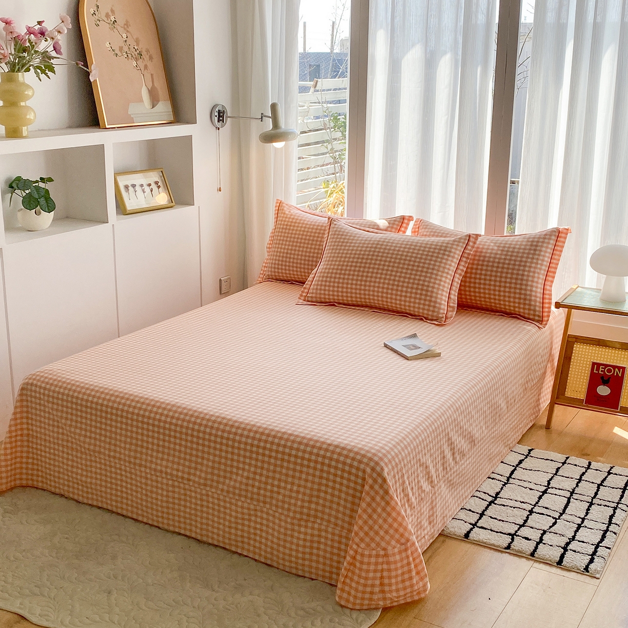 91家纺网 家纺一手货源 找家纺 钰锦珀家纺 2025新款简约全棉色织水洗棉四件套 桔粉小格