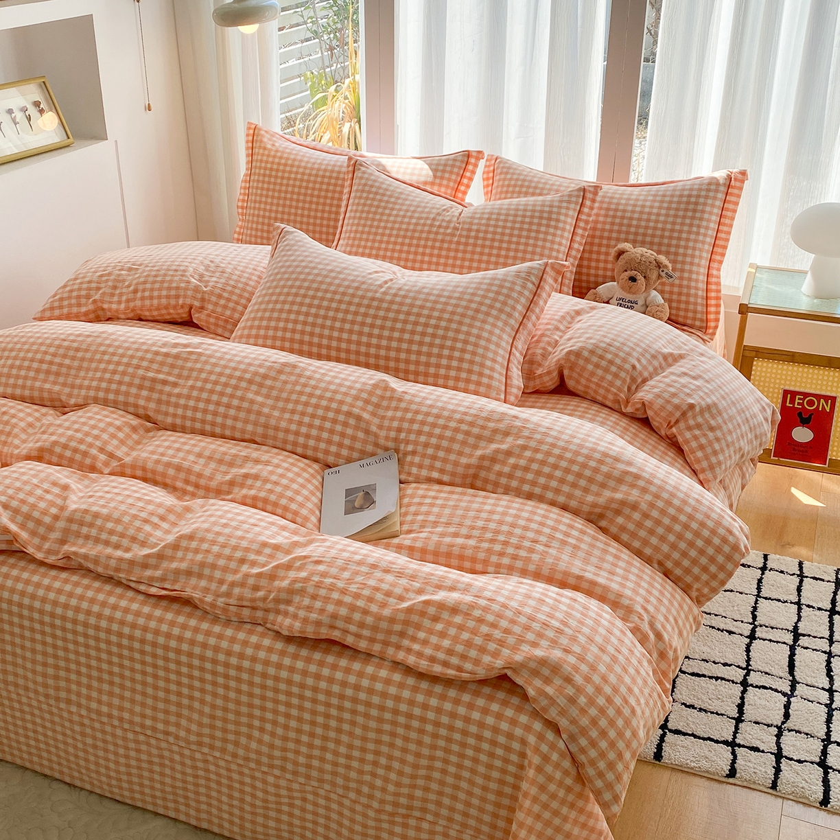 91家纺网 家纺一手货源 找家纺 钰锦珀家纺 2025新款简约全棉色织水洗棉四件套 桔粉小格