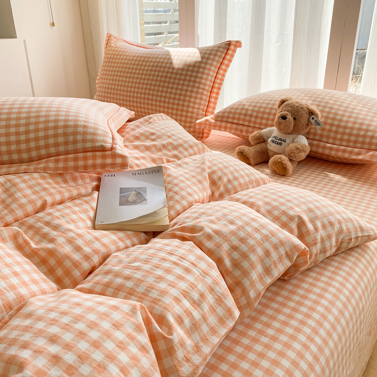 91家纺网 家纺一手货源 找家纺 钰锦珀家纺 2025新款简约全棉色织水洗棉四件套 桔粉小格